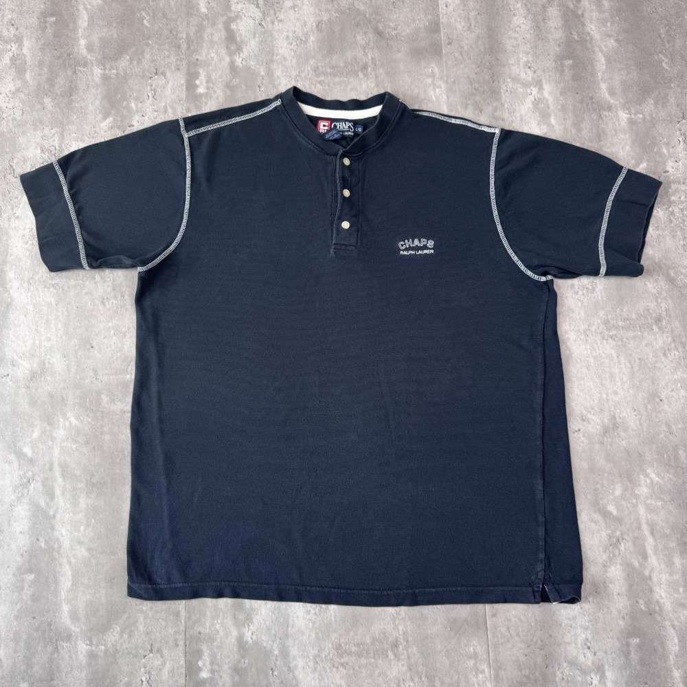 Vintage Chaps Ralph Lauren Henley Shirt Mens L Navy Blue Short Sleeve Cotton